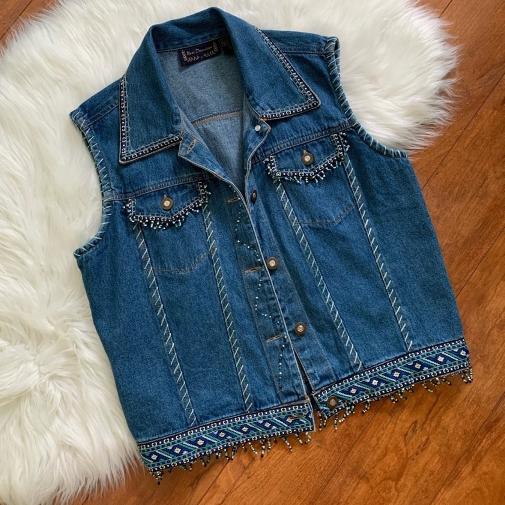 Vintage Beaded Denim Vest with Aztec Embroidered Trim